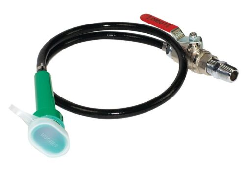 The Justrite Ssaccy, Dh, Handheld connects to a metal valve with a red LOCK handle. Its other end attaches to a green 1 nozzle with a transparent HUGAS cap, seamlessly fitting into this gas or fluid system.