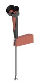 Introducing the Justrite H mobility aid, featuring a black forearm support, reddish-brown handle, adjustable silver shaft, and stable rubber tip.