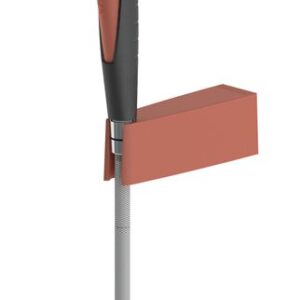 Introducing the Justrite H mobility aid, featuring a black forearm support, reddish-brown handle, adjustable silver shaft, and stable rubber tip.