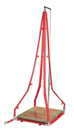 The Justrite H,Shower,Decon,Emerg,Port16Noz red tripod frame has a square metal platform perfect for lifting and securing with a top hook. Its textured surface ensures stability, making it ideal for rescue or construction work and reliable in emergencies.