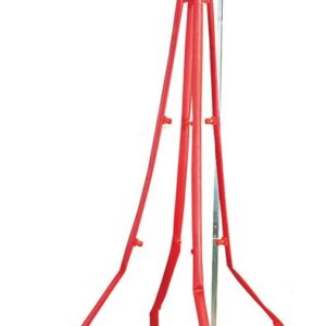 The Justrite H,Shower,Decon,Emerg,Port16Noz red tripod frame has a square metal platform perfect for lifting and securing with a top hook. Its textured surface ensures stability, making it ideal for rescue or construction work and reliable in emergencies.