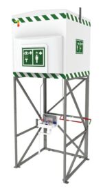 The Justrite H,Tnkshw,317G,Ss,Qukshp,110V industrial safety shower with eye wash station on a metal stand displays a large tank with green and white stripes. Safety icons indicate eye wash and shower functions for quick emergency access.