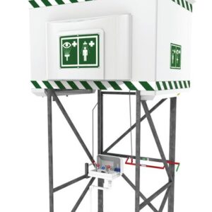 The Justrite H, Tnkshw, 520G, Ss, Qukshp, 110V emergency shower and eyewash station features a tall black metal frame with green and white safety markings. It includes a square tank on top and control valves below, with essential safety symbols prominently displayed.