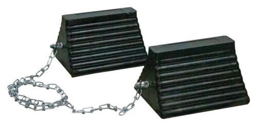 The Justrite Chock, Rc, 10, Pyr, Ch Pr, Blk consists of two black 10 wheel chocks with ridged surfaces linked by a metal chain, effectively preventing vehicle movement when placed against wheels.