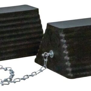 The Justrite Chock (model Rc, 11.5, Pyr, Ch Pr, Blk) consists of two black rubber wheel chocks linked by a metal chain. With a ridged texture and angled design, they securely hold vehicle wheels in place to prevent movement.
