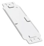 The Justrite H, Ssaccy, Servicecard Hldr is a white rectangular mounting plate with rounded edges and alignment slots, perfect for securing electronic components. It features small raised sections for attachment and doubles as a versatile Servicecard Holder.