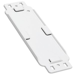 The Justrite H, Ssaccy, Servicecard Hldr is a white rectangular mounting plate with rounded edges and alignment slots, perfect for securing electronic components. It features small raised sections for attachment and doubles as a versatile Servicecard Holder.