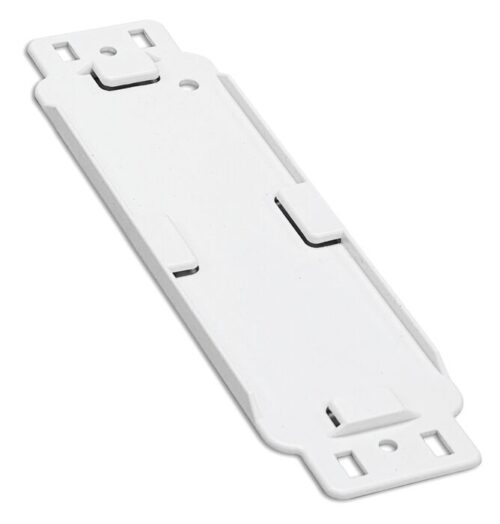 The Justrite H, Ssaccy, Servicecard Hldr is a white rectangular mounting plate with rounded edges and alignment slots, perfect for securing electronic components. It features small raised sections for attachment and doubles as a versatile Servicecard Holder.