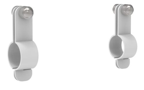 Two white vertical Justrite H,Ssaccy,Sign Brackets with circular openings and a spherical attachment on top are shown against a plain background. They seem to be made from a smooth material, possibly plastic or metal.