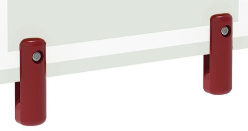 The Justrite H, Ssaccy, Sign Bracket, Htd supports a rectangular glass panel with a light green tint. These red brackets feature a rounded design and are securely affixed to the bottom corners of the glass.