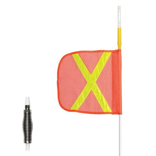 The Justrite Whip,Sw,3,Lit,F12,Of,Yx,A features an orange mesh safety flag with a yellow reflective X on a flexible white pole for high visibility. A black and silver flex joint securely attaches the flag ensuring youre visible day or night—its truly lit!.