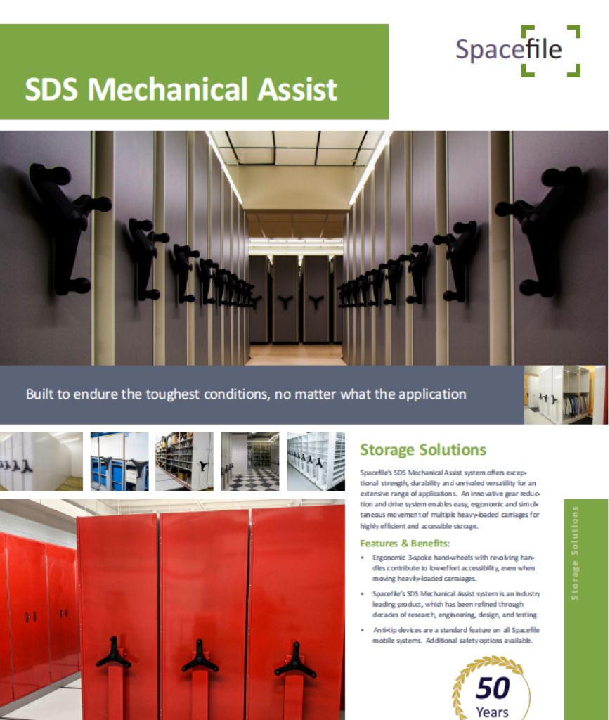 The promotional poster showcases Spacefiles SDS Mechanical Assist storage solutions with an emphasis on shelving units durability and versatility. It highlights key features, benefits, and a 50-year warranty seal, perfect for those seeking reliable mobile shelving brochures.