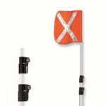 The Justrite Whip, Tp, 13, F16, Of, Wx features an orange safety flag with reflective silver cross stripes mounted on a white pole and includes black brackets for easy attachment to ensure maximum visibility and safety for riders.