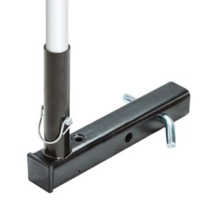 A close-up shows a Justrite Whip, Acc, Mnt, Hitch, Tp with a white pole in the black metal bracket. It features a silver pin and lever for securing and adjusting the poles position. The glossy surface adds to its sleek appearance.