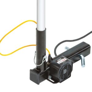 The Justrite Whip,Acc,Mnt,Hitch,Lit,Bu,Tp features a sleek black design with an electric trailer jack and motor. It has a vibrant yellow safety pin, manual crank handle, and attached power cord, offering convenience and functionality in a compact form for lifting trailers.