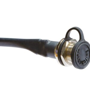 The Justrite Whip,Acc,Lgt,Htplg,12Pt,Tp coaxial cable is shown in close-up, showcasing a metal connector with a snug black rubber cap. Designed for seamless signal transmission, it guarantees reliable connectivity every time.