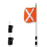 The Justrite Whip,Tp,21,Lit,F16,Of,Wx safety flag enhances visibility with reflective diagonal stripes on an orange background. It attaches to a white pole with black mounting brackets and is commonly used on bicycles or carts for added safety.