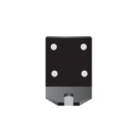 Illustration of a Justrite Whip L bracket in black and gray with four symmetrically arranged circular holes near its corners on a white background.