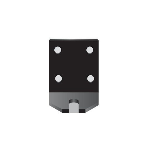 Illustration of a Justrite Whip L bracket in black and gray with four symmetrically arranged circular holes near its corners on a white background.