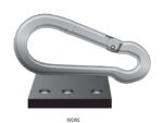 Illustration of a silver carabiner attached to a black rectangular base with three circular holes, featuring the label WDRS. The sleek design exemplifies the efficiency of the Justrite Whips,Acc,Mnt,Brkt,Wd Ret Sys for secure attachments.