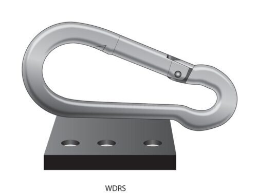 Illustration of a silver carabiner attached to a black rectangular base with three circular holes, featuring the label WDRS. The sleek design exemplifies the efficiency of the Justrite Whips,Acc,Mnt,Brkt,Wd Ret Sys for secure attachments.