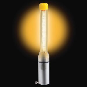 The Justrite Whip features a bright cylindrical LED with a yellow cap against a black backdrop, mounted on a silver base with SW design accents. A nearby screw enhances its industrial appeal.