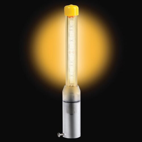 The Justrite Whip features a bright cylindrical LED with a yellow cap against a black backdrop, mounted on a silver base with SW design accents. A nearby screw enhances its industrial appeal.