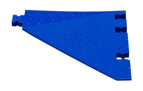 The Justrite Cp,Yj,5Ch,1.25,Ams,Bf,F,Blu is a blue, triangular industrial mat with 1.25 thickness and interlocking edges. It has a textured surface with raised diamond patterns for durability and features the Ams logo at the center thats not readable from afar.