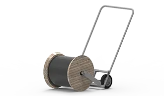 A wheeled cable reel cart with a metal frame and handle supports a large wooden spool of dark cable, designed with prioritized safety features. The cart is tilted slightly backward, resting on two wheels against a plain, light gray background.