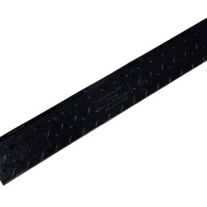 The Justrite Cp,Yj,5Ch,1.25,Ams,Rmp,F,B is a black metal trench cover with interlocking edges and a 1.25 textured surface, designed for utility protection at construction or industrial sites. Its elongated rectangular design meets Ams standards for safety and durability.