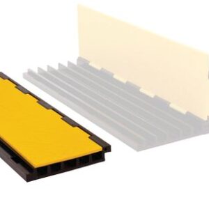 A 3D-rendered image of the Justrite Cp,Yj,5Ch,1.25,Ams,Ctr,Yb modular floor system showcases a yellow rectangular panel, black grid base, and light gray border piece with 1.25 dimensions. A faded semi-transparent duplicate adds depth in the background.