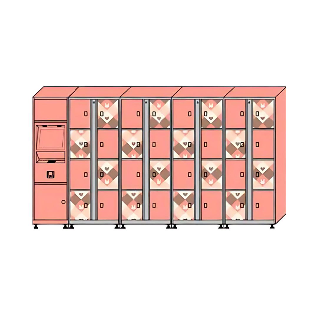 A digital illustration of a pink multi-compartment locker with a control panel, each locker door featuring a white heart-in-diamond pattern.