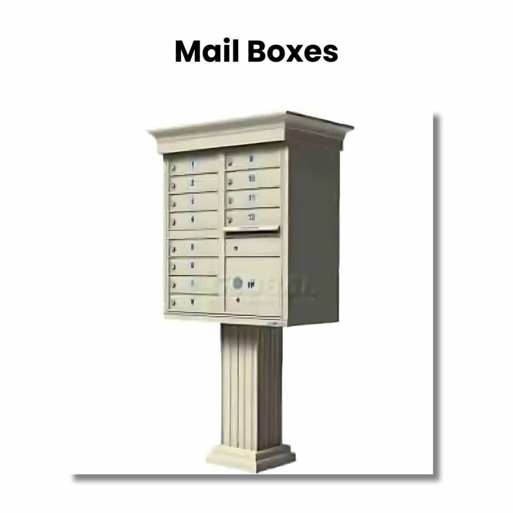 A multi-unit mailbox on a decorative column stand, ideal for property management needs. Featuring twelve compartments in two vertical rows, this essential piece of equipment is labeled Mail Boxes at the top.