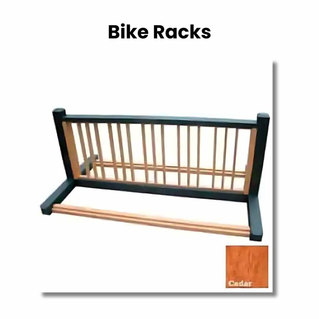 A wooden bike rack with black and natural cedar accents is showcased against a white background. The text above reads Bike Racks, highlighting this stylish piece of property management equipment and supplies for organized spaces.