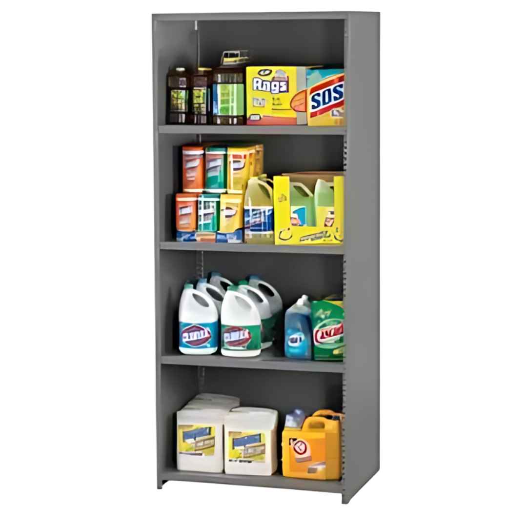 A gray Tennsco Q Line Shelving unit holds various cleaning supplies. The shelves are neatly organized with bottles of disinfectant, bleach, detergent, and other household cleaners in different shapes and sizes spread across four tiers.