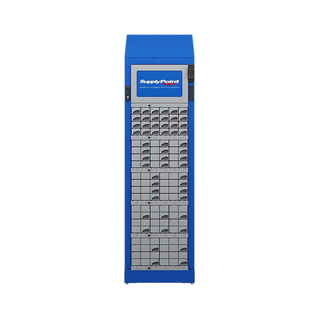 A tall blue locker unit labeled 'SupplyPoint' featuring numerous small compartments with electronic locks.