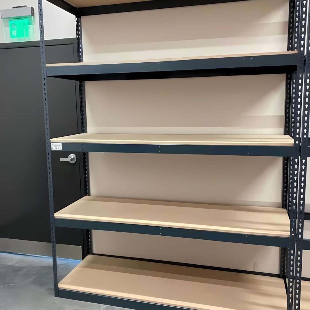 Multi-tiered boltless shelving in a college, ideal for organizing supplies