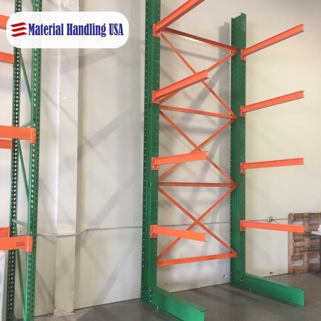 Green and orange cantilever rack installed by Material Handling USA for Metal Man Roofing in Utah