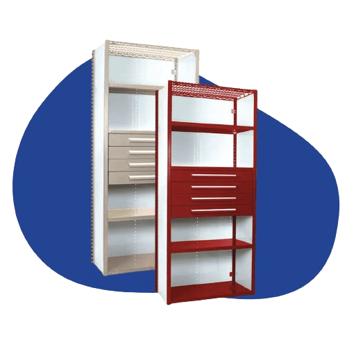 Two tall metal shelving units, one beige with six shelves and two drawers, and one red with two shelves and four drawers, are displayed against a blue abstract shape. These Equipto Storage Solutions offer efficient workspace organization for any setting.