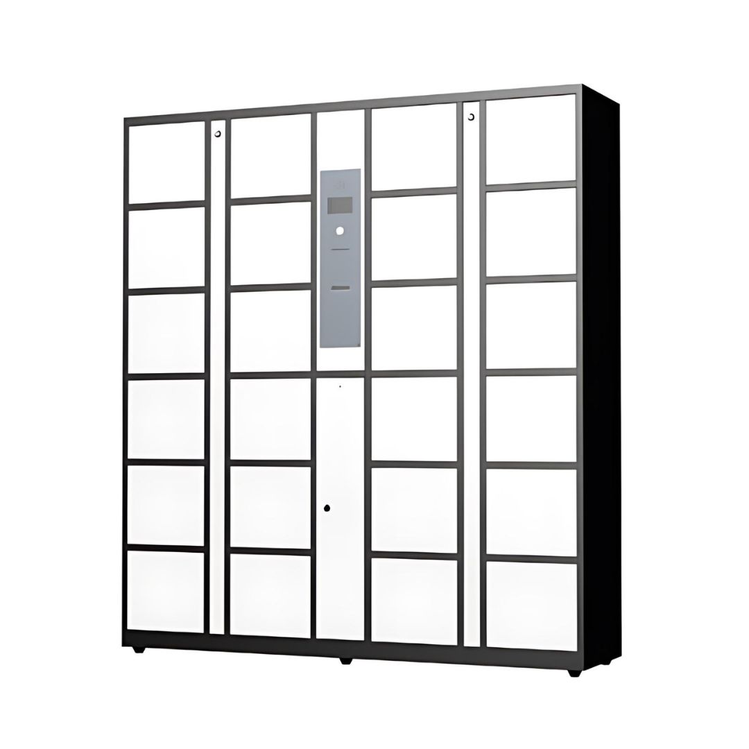 "A sleek, modern black and white storage locker system with multiple doors, equipped with a centralized control unit.