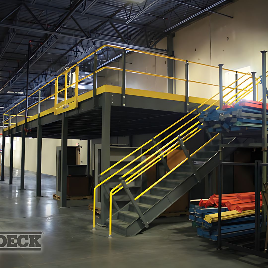 An industrial warehouse interior featuring a yellow and gray mezzanine with stairs and multiple levels for storage.