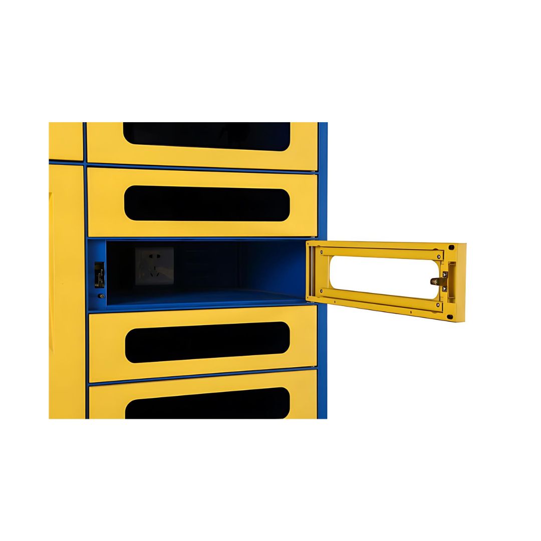 Yellow electronic access locker with an open door revealing a blue interior