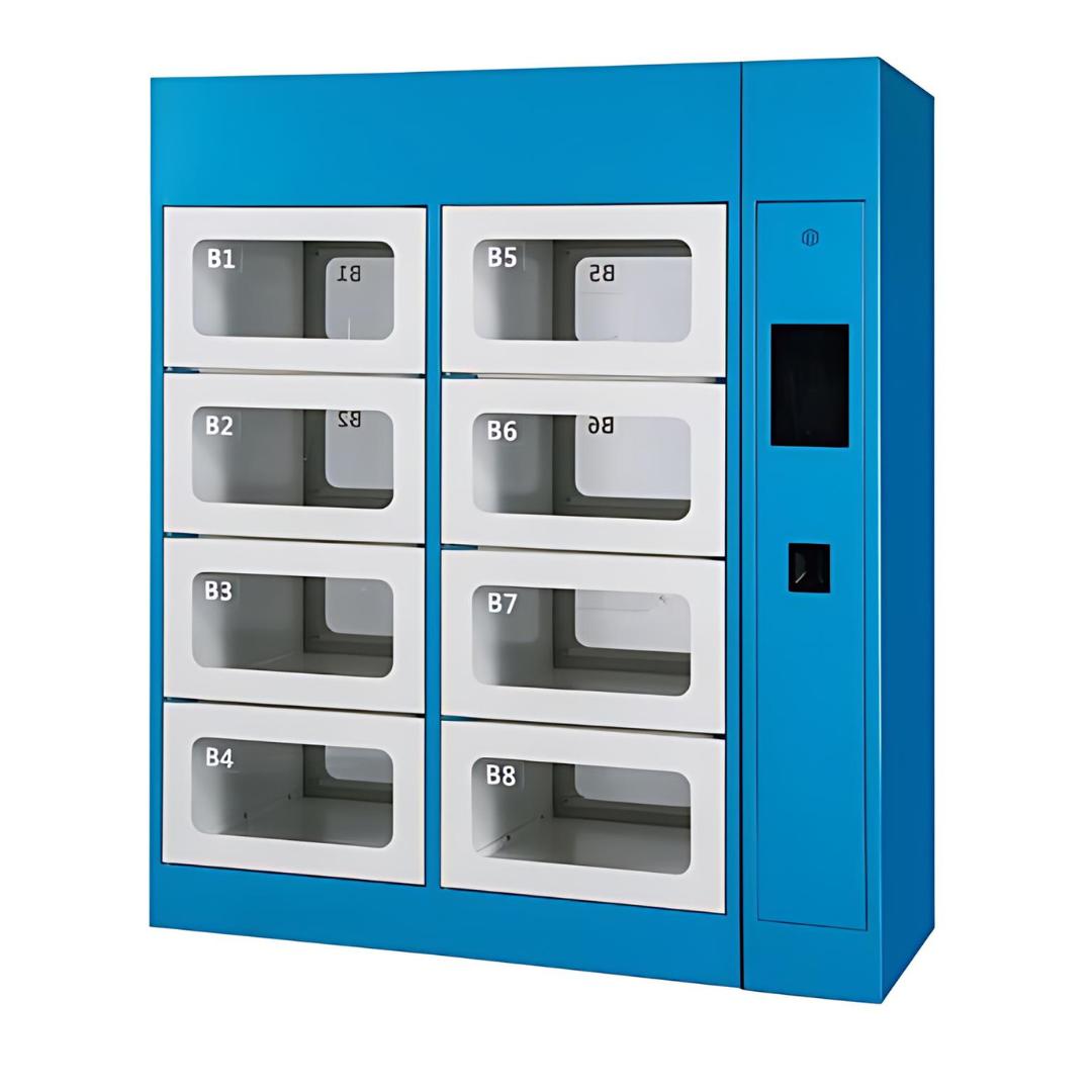 Blue electronic access locker unit with multiple compartments, each featuring a transparent window, provided by MH USA in Salt Lake City, Utah.