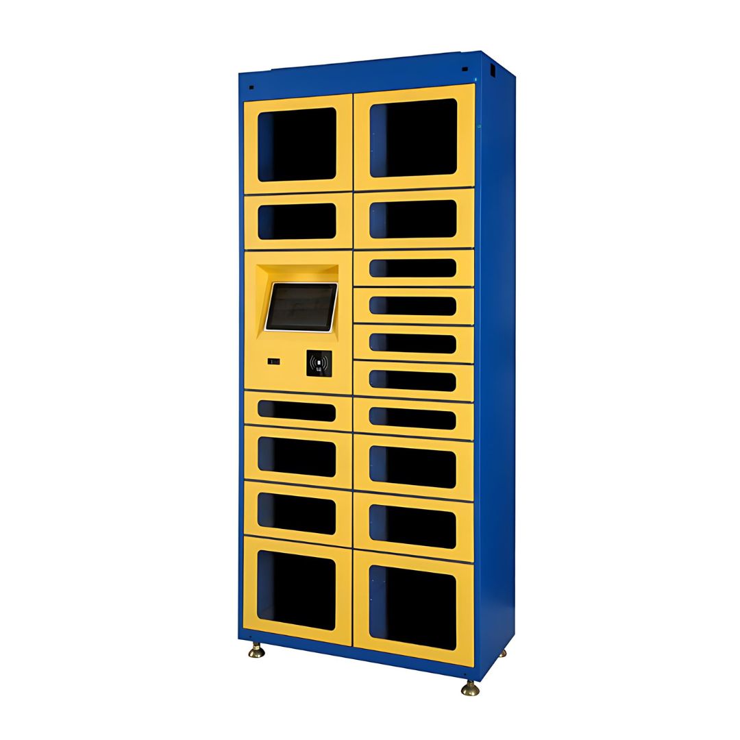 A tall, yellow electronic access locker system equipped with a touchscreen and multiple compartments, offered by MH USA in Salt Lake City, Utah.