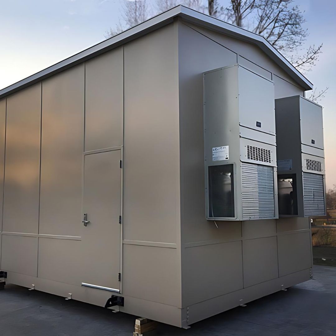 A tan-colored standalone machine enclosure with an angled roof, featuring HVAC units on one side. The enclosure is positioned on a wooden pallet with a door and multiple secured panels.