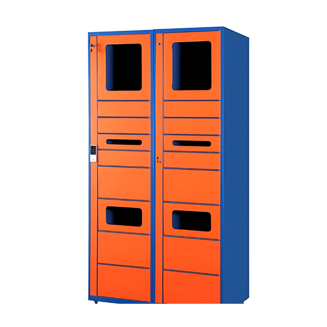 Stand of vibrant orange and blue electronic access lockers with secure keypad entry, available in Salt Lake City, Utah from MH USA