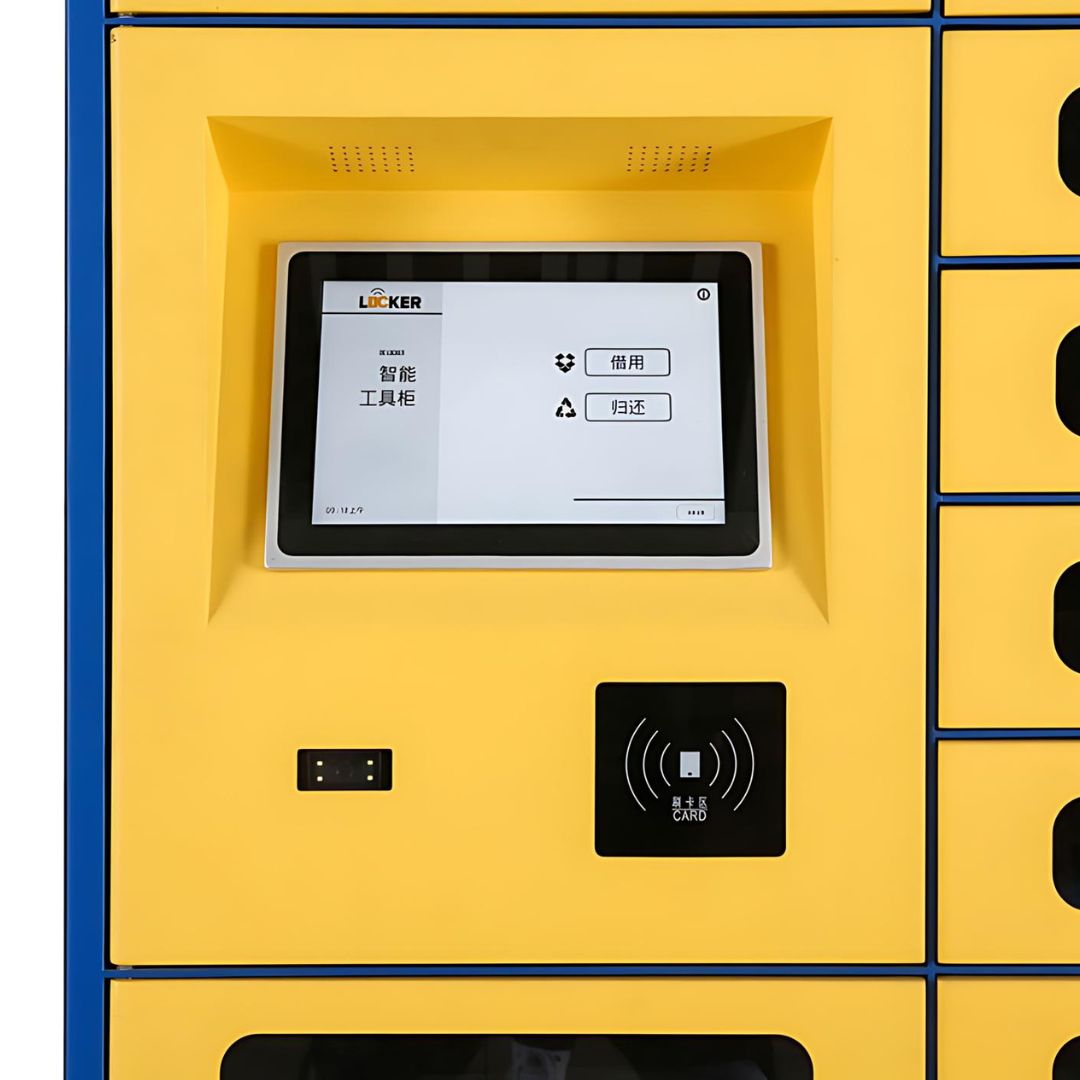Detailed view of a yellow electronic access locker's touchscreen control panel and card reader for secure locker access, from MH USA in Salt Lake City, Utah.
