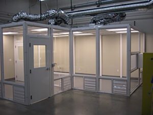 Modular cleanroom with transparent walls and ceiling air handling installed in Utah