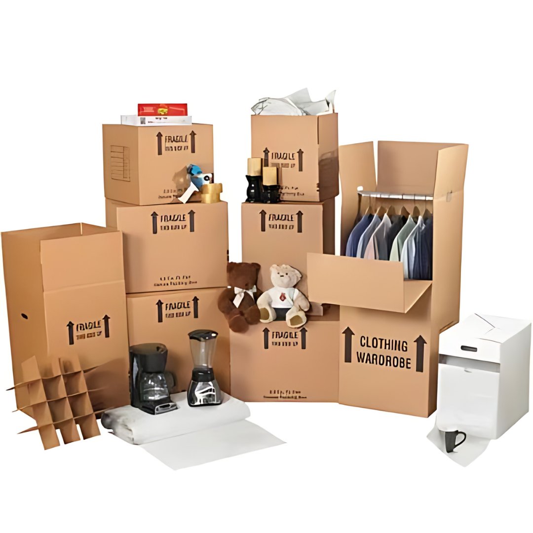 A selection of sturdy moving boxes, including a wardrobe box with a hanging rod, various double-walled cardboard boxes for heavy items, and specialized boxes for fragile items, all designed for a secure and organized move.