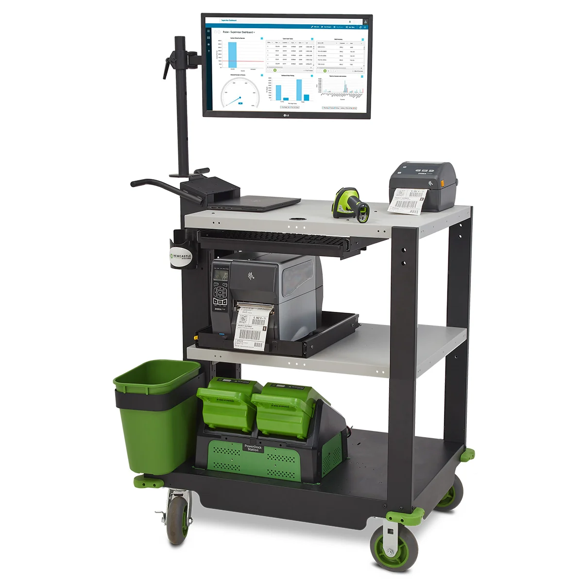 Newcastle Systems powered mobile workstation with monitor, label printer and pick bins
